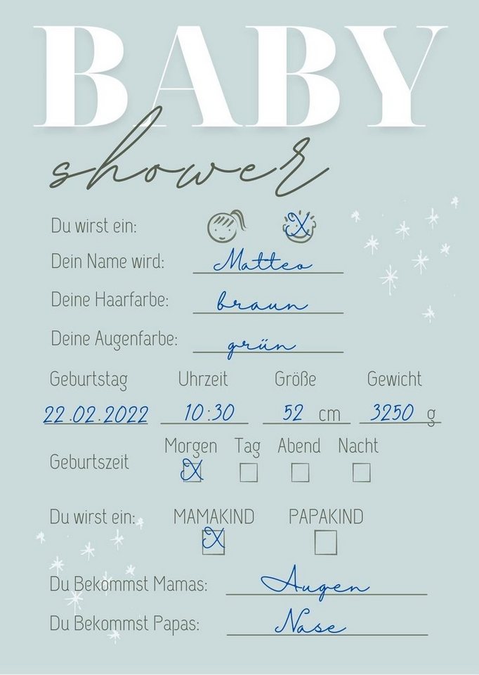 EMI & SAM Spiel EMI&SAM Babyparty Wunschkarten Karten Junge & Mädchen Wünsche Baby Shower 20 St