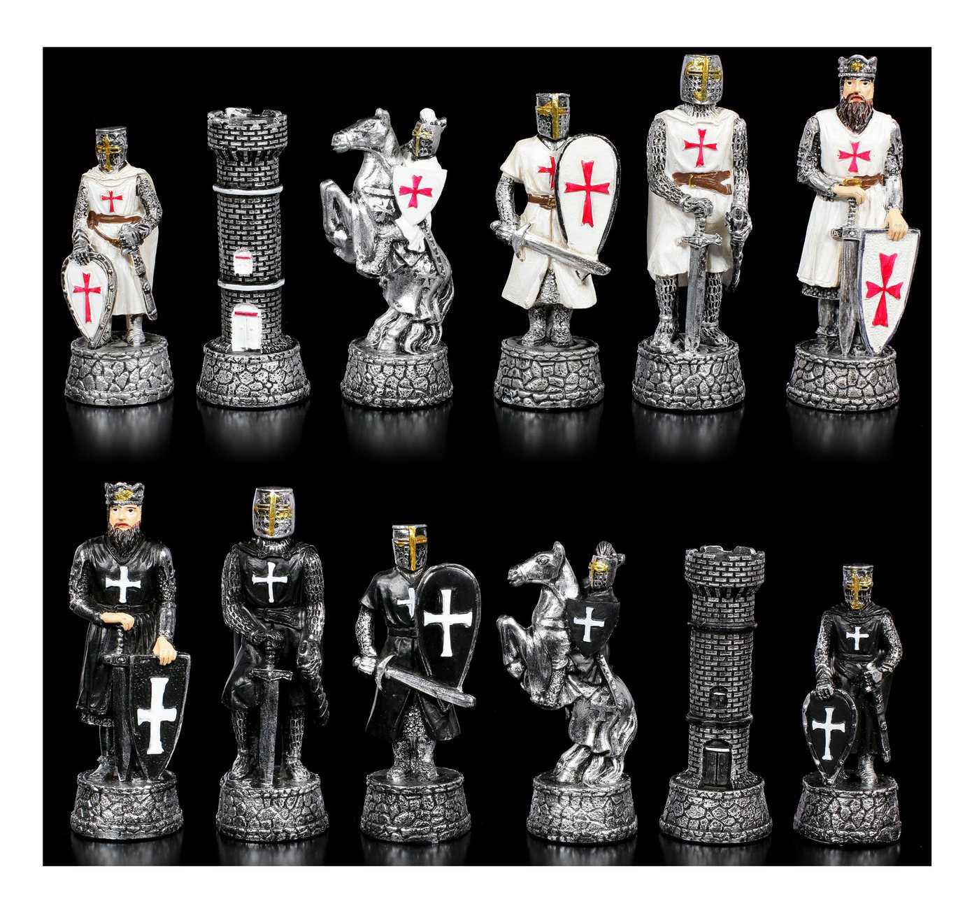 Figuren Shop GmbH Spiel Schachfiguren Set - Kreuzritter Schwarz vs. Weiß - Schach Figuren