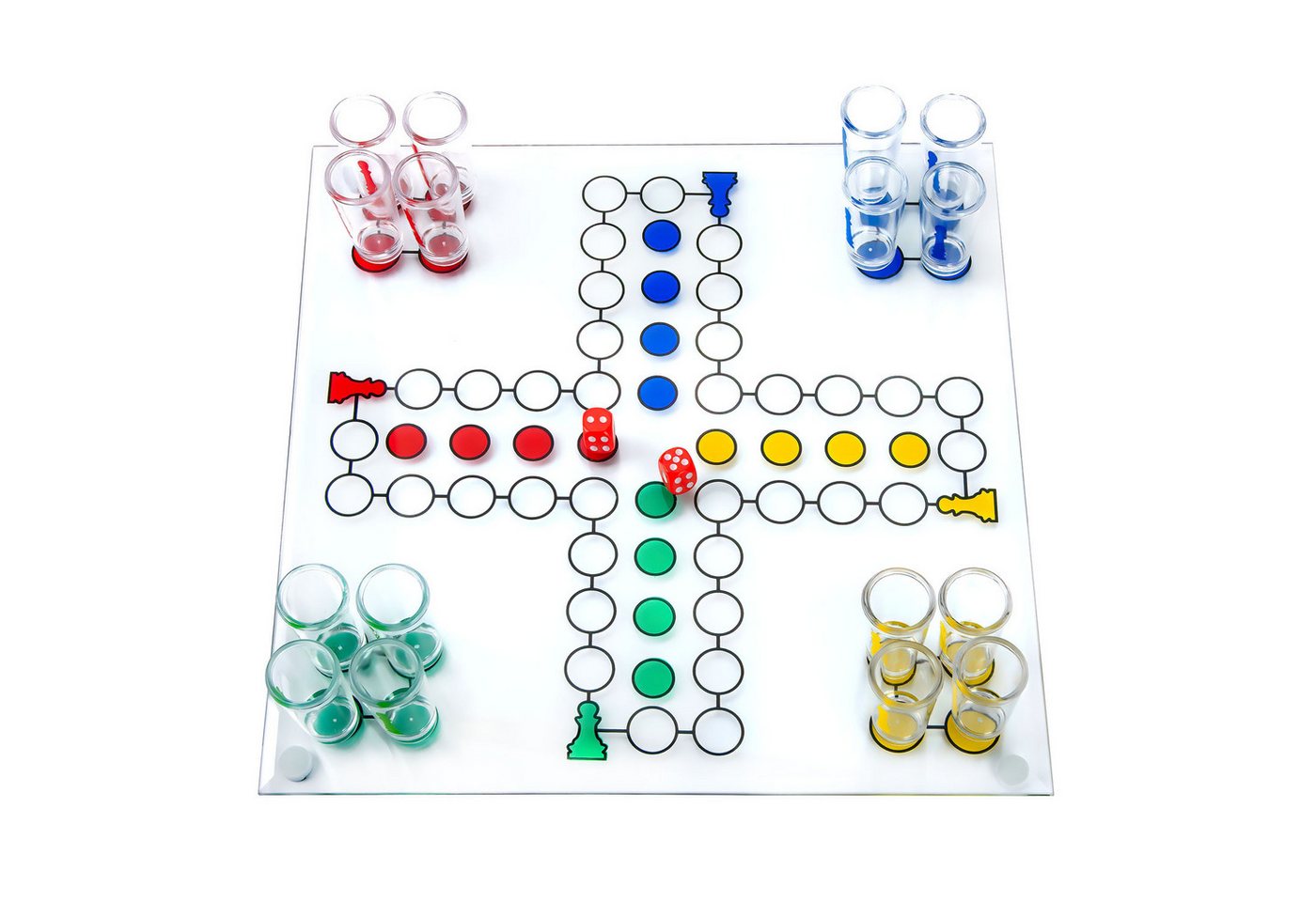 Goods+Gadgets Spiel GOODS+GADGETS Ludo Trinkspiel aus Glas mit 16 Shotgläsern Party