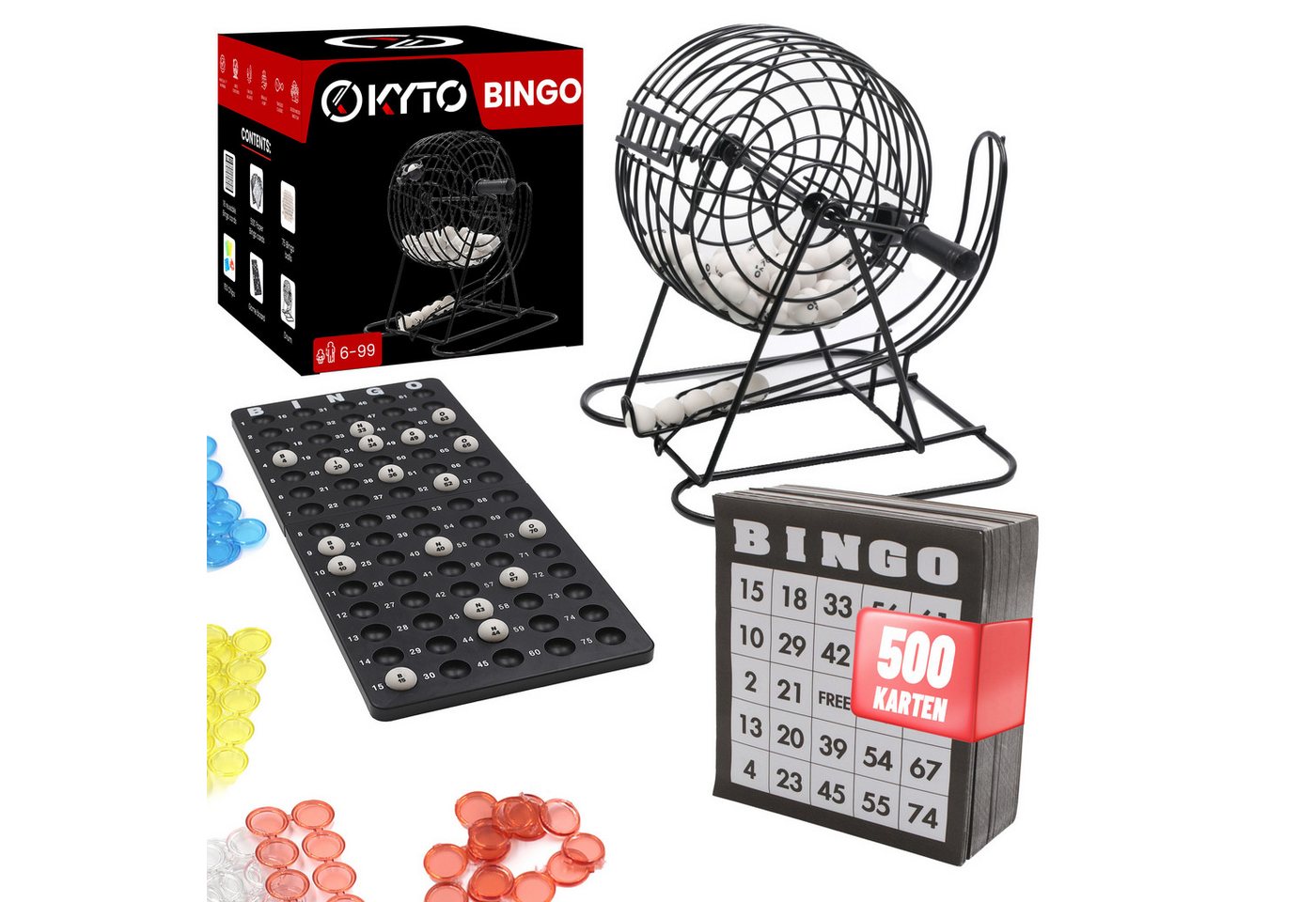 Kyto Spiel 18 Bingotickets 75 Bingo Kugeln 150 Chips Spielbrett + 500 Bingokarten