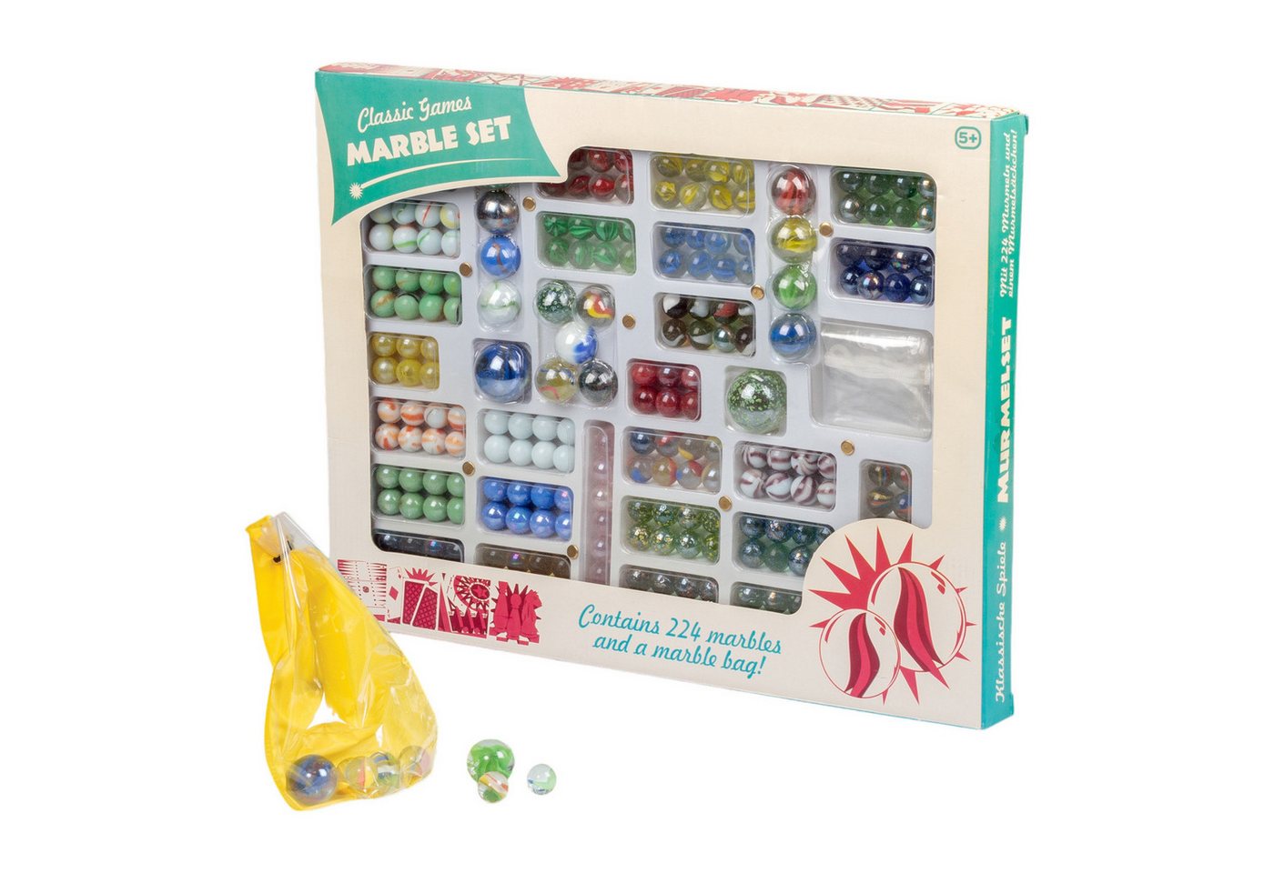 TOBAR Spiel Glasmurmeln in Geschenkverpackung mit 224 Murmeln und einem Murmelsack